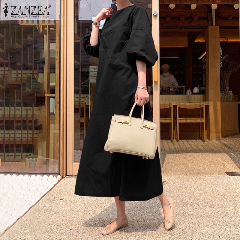 ZANZEA Women Casual 3/4 Lantern Sleeve Solid Color Elastic Cuff Maxi Dress