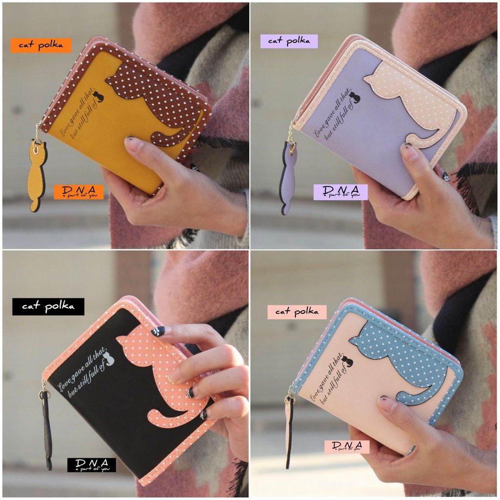 FLASH SALE 7.7 - DOMPET LIPAT/PENDEK WANITA POLKADOT KUCING UKURAN 19x9 CM | DOMPET WANITA HITAM, PEACH, KUNING, UNGU | DOMPET RECEH/LIPAT | DOMPET UANG KERTAS/KOIN