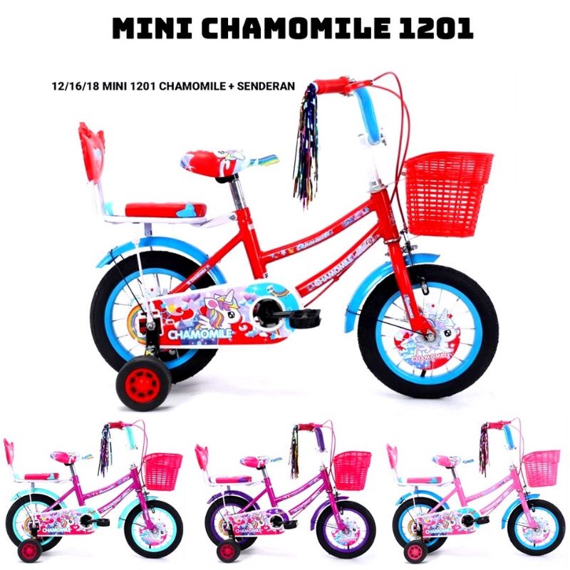 Sepeda Anak Cewek Perempuan Bmx Mini Ukuran 12 inch, 16 Inch &amp; 18 Inch Chamomile 1201 Sandaran Belakang Ban Pompa