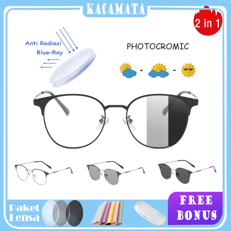 Kacamata Korea kotak PHOTOCROMIC ANTI RADIASI BLUERAY 2in1 Bisa Req Minus fashion pria Unisex 9008