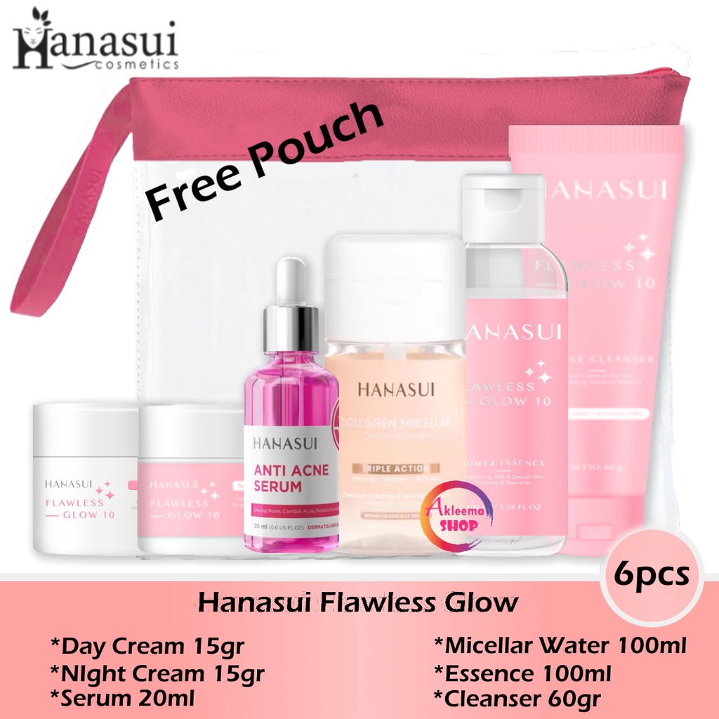 Paket Hanasui Flawless Glow 6pcs (day cream 15gr+night cream 15gr+serum pink 20ml+Micellar 100ml+essence 100ml+cleanser 60gr)