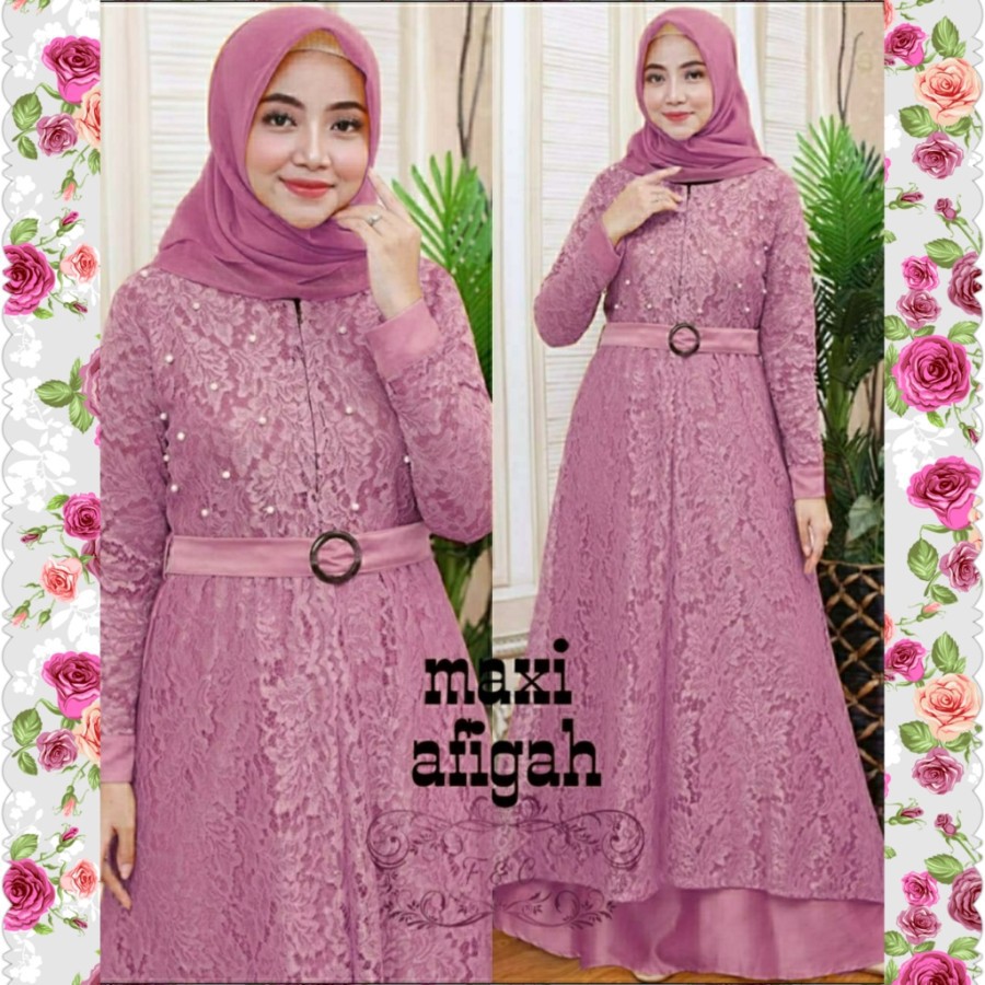 gamis brukat wanita remaja modern kekinian untuk lebaran terbaru 2021 Maxi Brukat Afigah Ld 100 Fi L