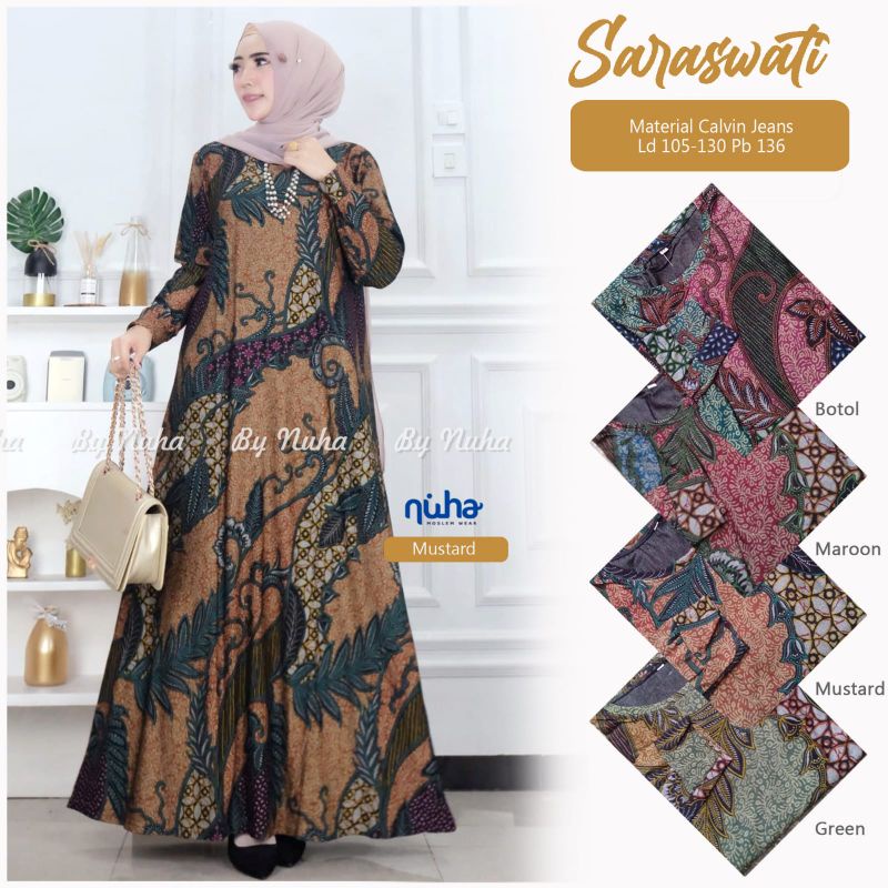 Gamis batik calvin jeans jumbo saraswati dress LD 105 Bahan calvin jeans super melar