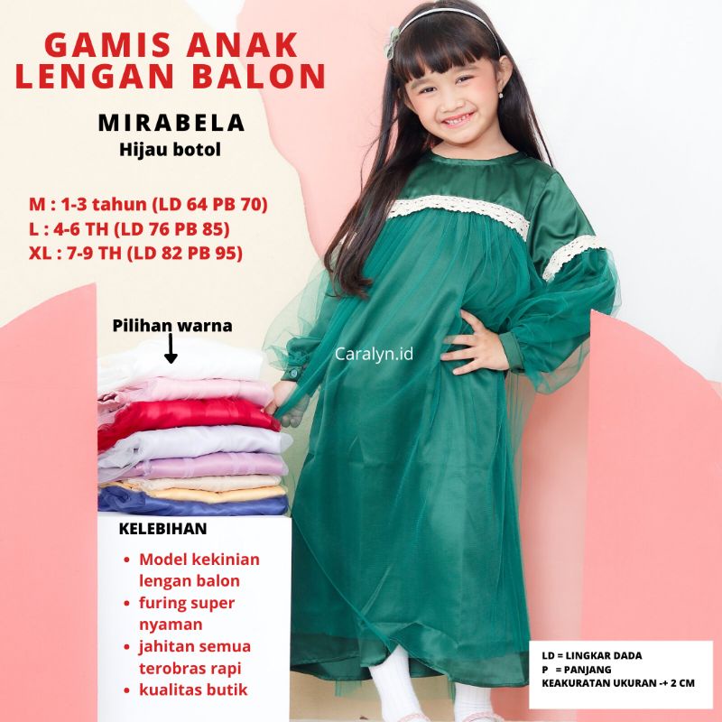 SUPER SALE GAMIS ANAK PEREMPUAN 1-9 TAHUN BAJU MUSLIM ANAK PEREMPUAN MIRABELLA LENGAN BALON MIRABELLA