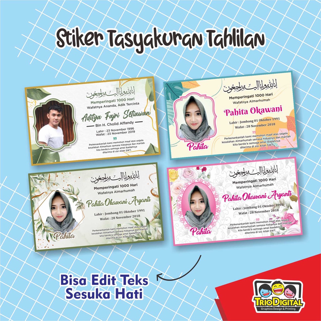 

STIKER / LABEL UNTUK MENGENANG 40/100/1000 HARI WAFATNYA, CUSTOM STIKER TAHLILAN