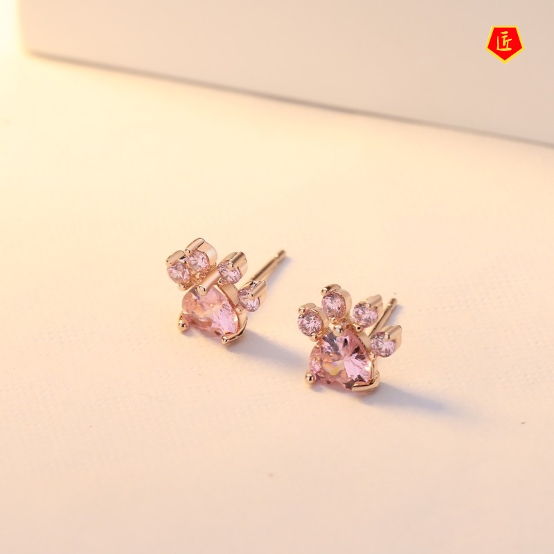 [Ready Stock]Creative Footprints Pink Crystal Rose Gold Stud Earrings