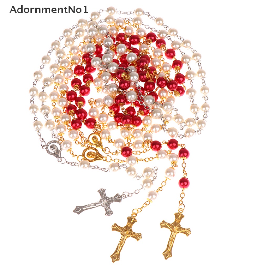 (AdornmentNo1) Kalung Rosario Katolik Rantai Panjang Dengan Liontin Salib Yesus + Mutiara