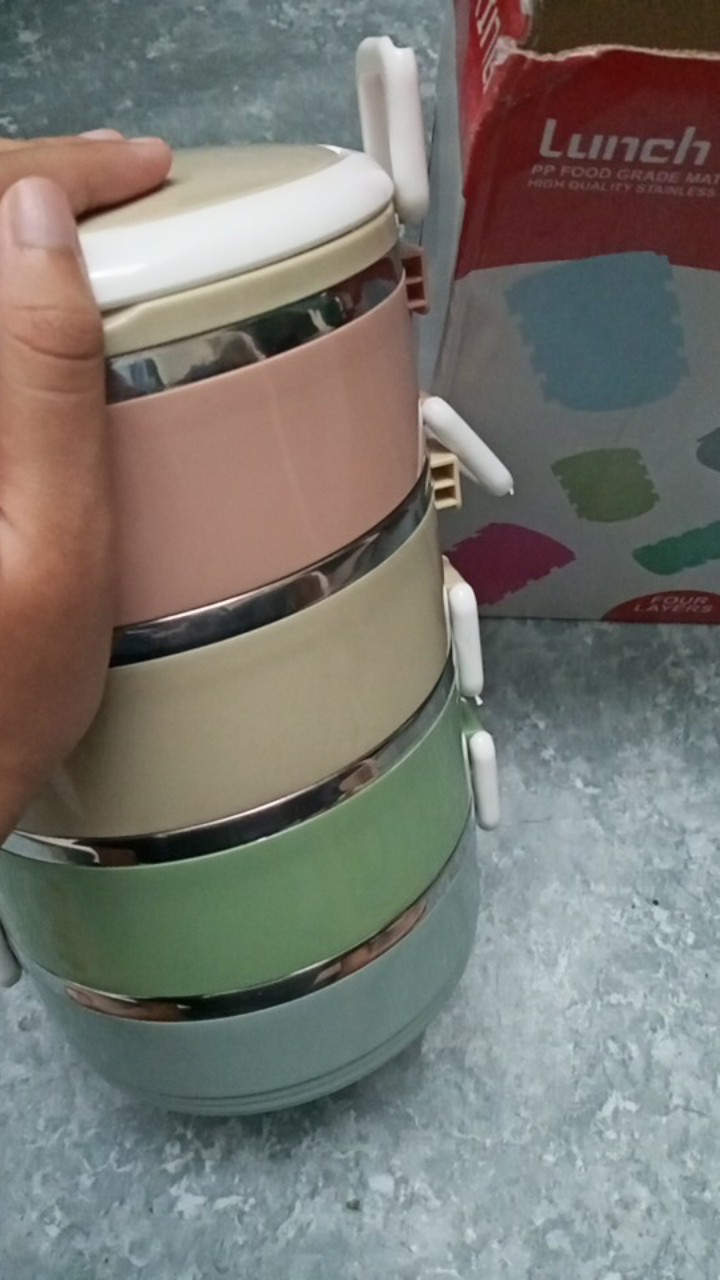 [ Rantang 4 Susun Bulat Kombinasi ]warna Warni Polos Lunch Box Stainless