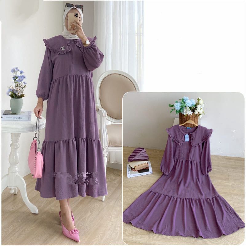 Orimoza Maxi Dress Wanita Rayon Crinkle Busui-MARITA MIDI DARKLAVE