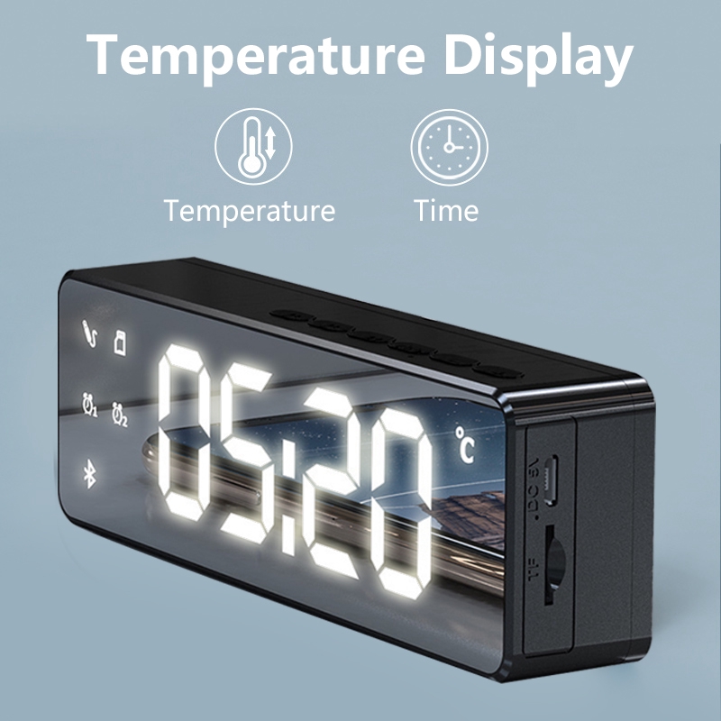 LED Alarm Clock Mirror Bluetooth Speaker Adjustable Brightness Temperature Display Answer By Phone