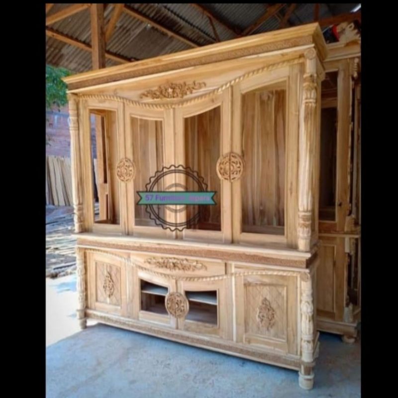 Lemari hias ukir jepara / Lemari pajangan ruang tamu besar jati mentahan