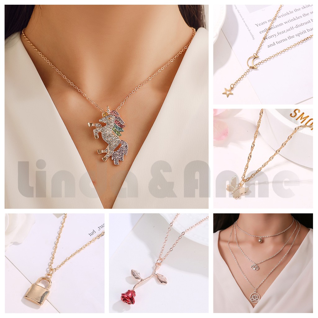 Kalung Rantai Multilayer Variasi Liontin Untuk Wanita Elegan/Perhiasan Wanita Kalung Rantai Liontin