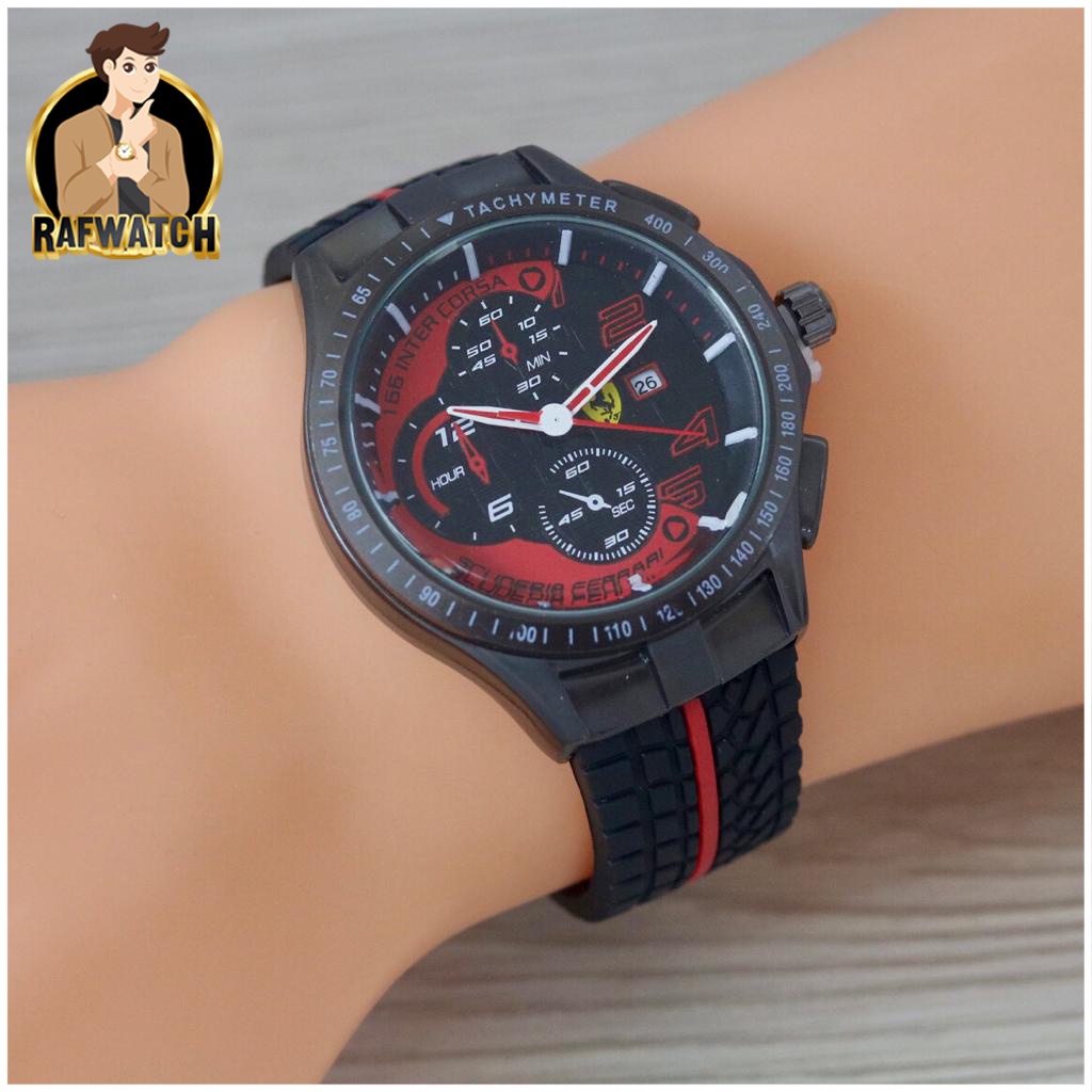 Jam Tangan Pria Sporty Casual Ferarri Strap Rubber Tanggal Aktif