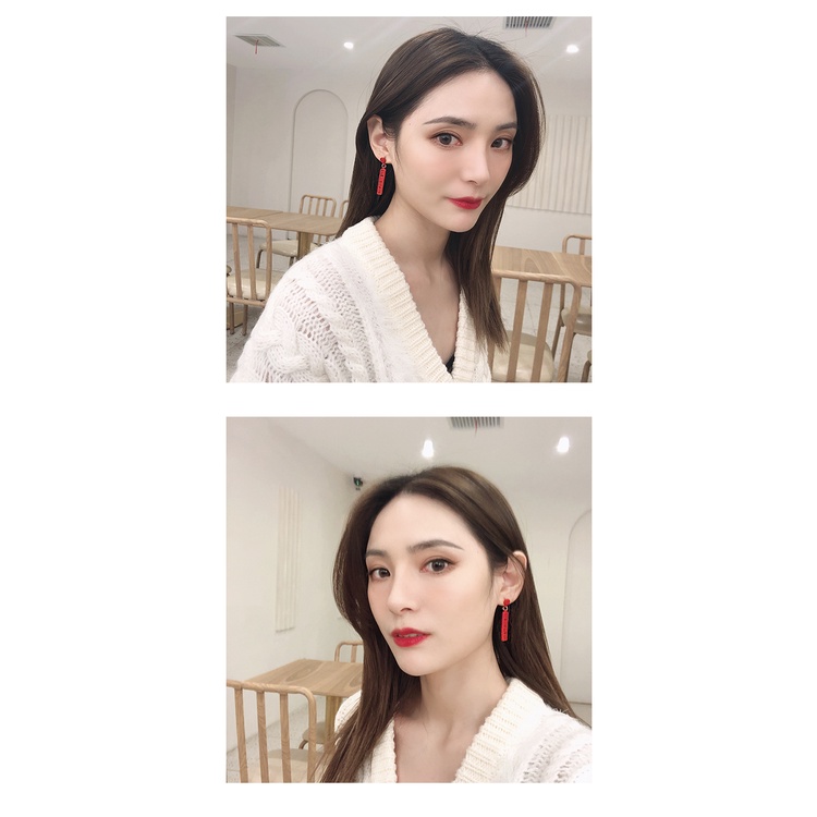 Anting Tusuk Gantung Bahan Sterling Silver 925 Desain Gong Xi Fa Cai Merah Gaya Cinaretro Untuk Wanita