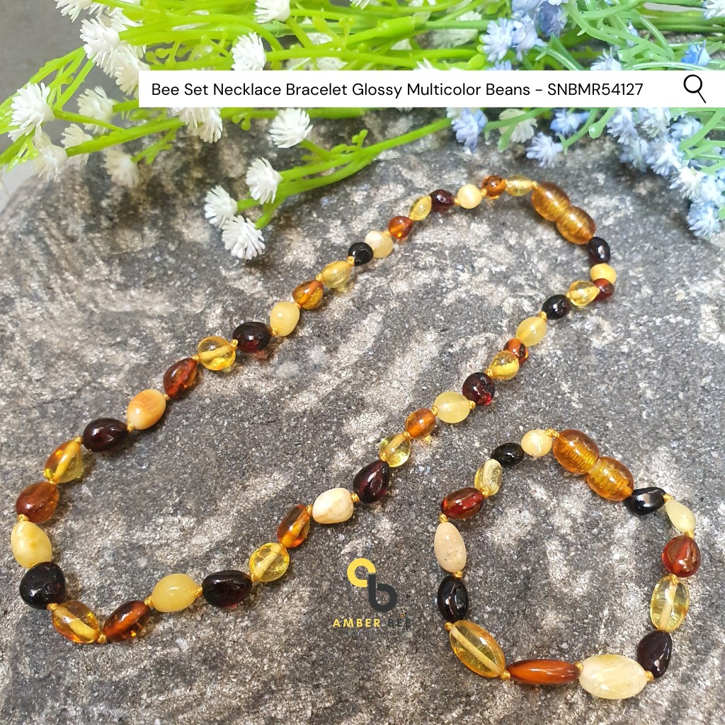 Set Kalung Gelang Amber Lithuania Bayi &amp; Anak Tumbuh Gigi Premium Glossy Beans Multicolor SNBMR54127