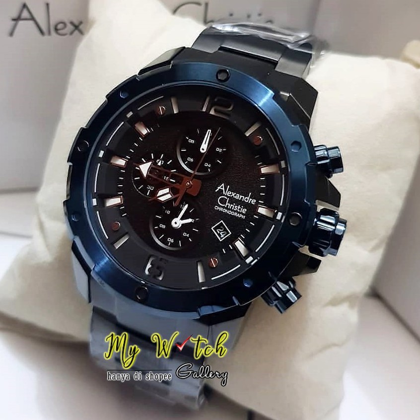 Jam Tangan Alexandre Christie AC 6410 MC Black Blue Pria Original Diameter 4,7 cm