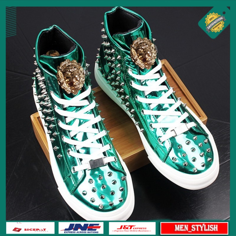 Sepatu Fashion Pria Import Luxury golden Men Casual Ankle Boots Spring Autumn Flock Leather Metal De