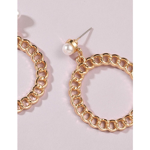 LRC Anting Tusuk Fashion Golden Pearl Geometric Round Chain Alloy Hollow K45079