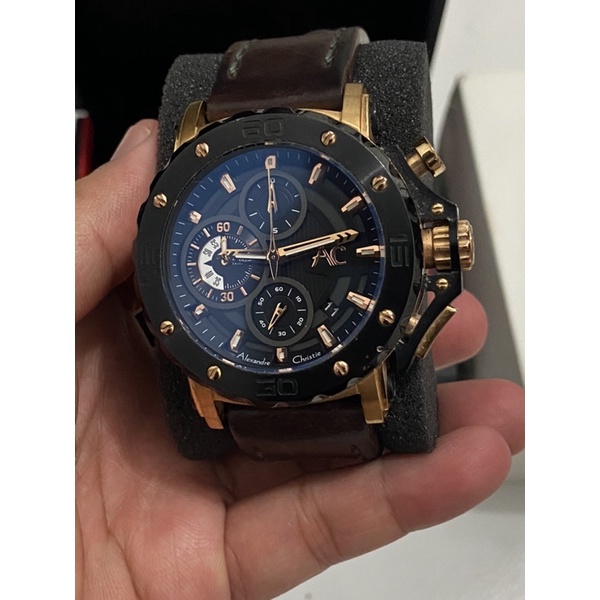 PRELOVED JAM TANGAN Alexandre Christie 9205MC Gold strep brown pembelian 2018 / BEKAS SECOND ALEXAND