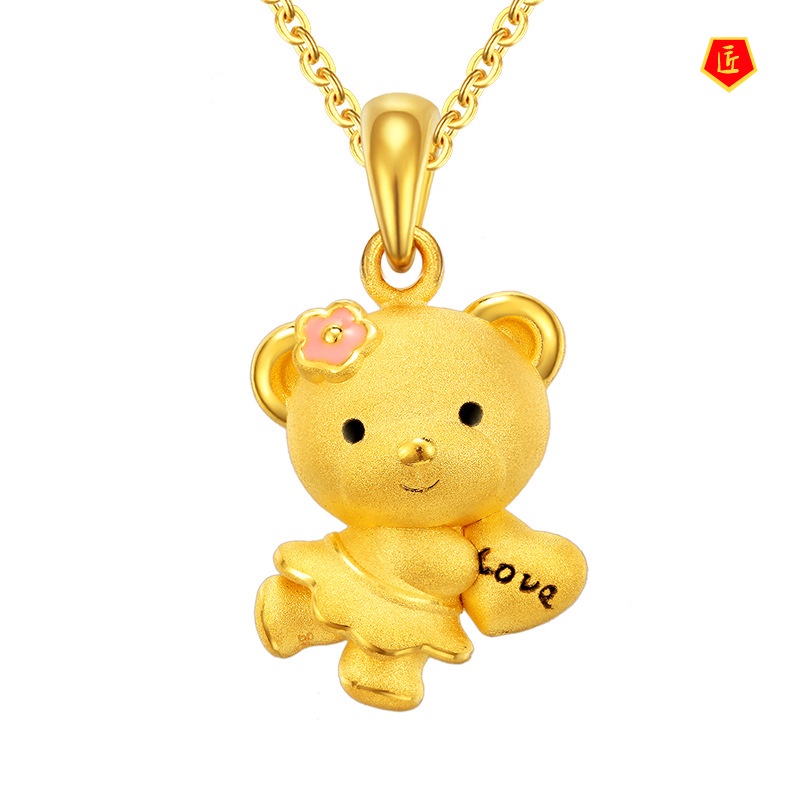 [Ready Stock]Wish Bear Necklace Holding Heart-Shaped Epoxy Pink Enamel Pendant for Women