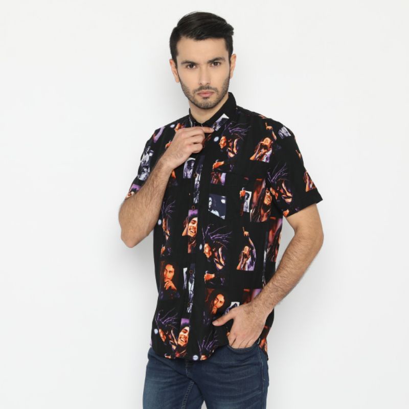 baju kemeja pria lengan pendek motif bob marley