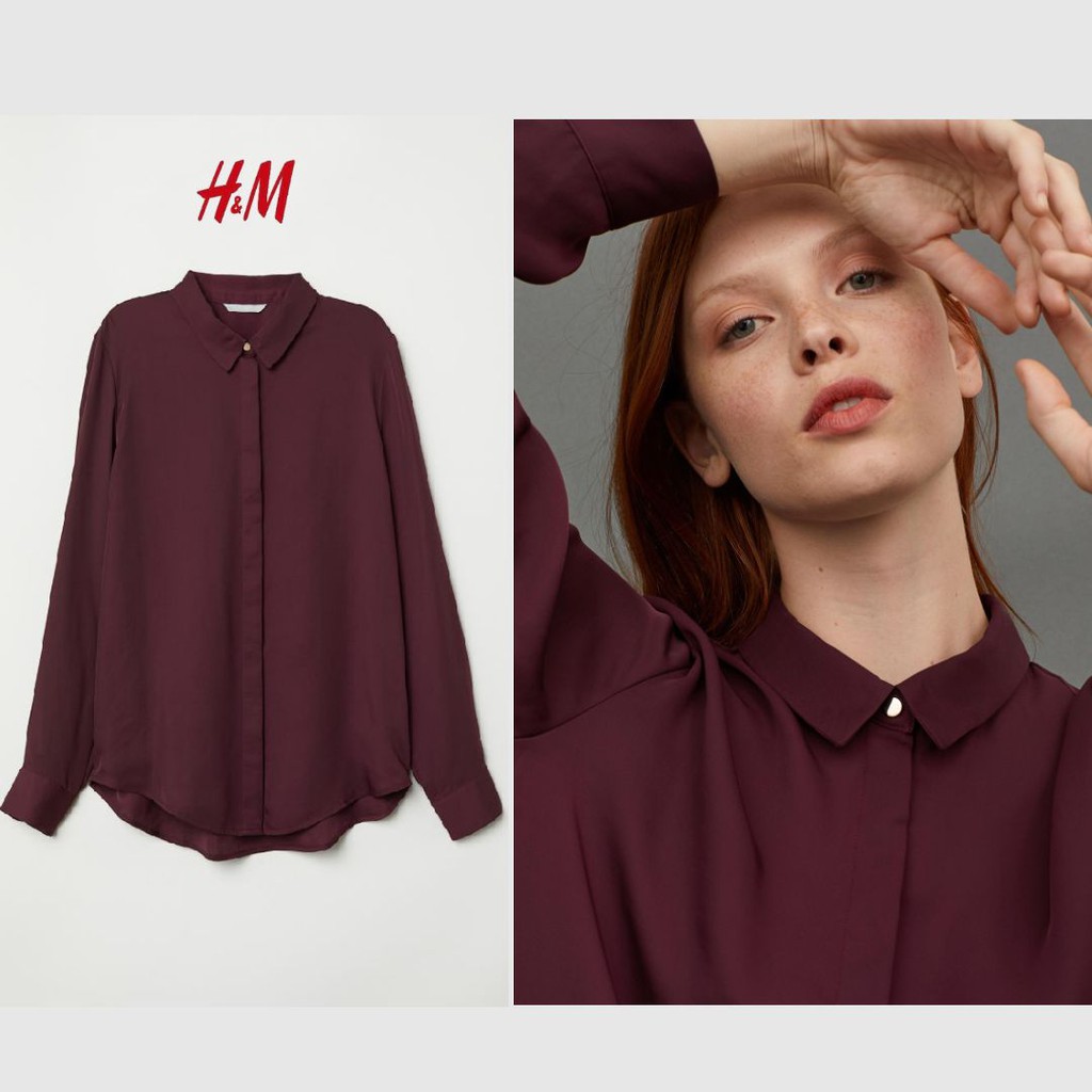 H&M Polyester Basic Shirt Collar Blouse Kemeja Lengan Panjang Hm HnM - BURGUNDY