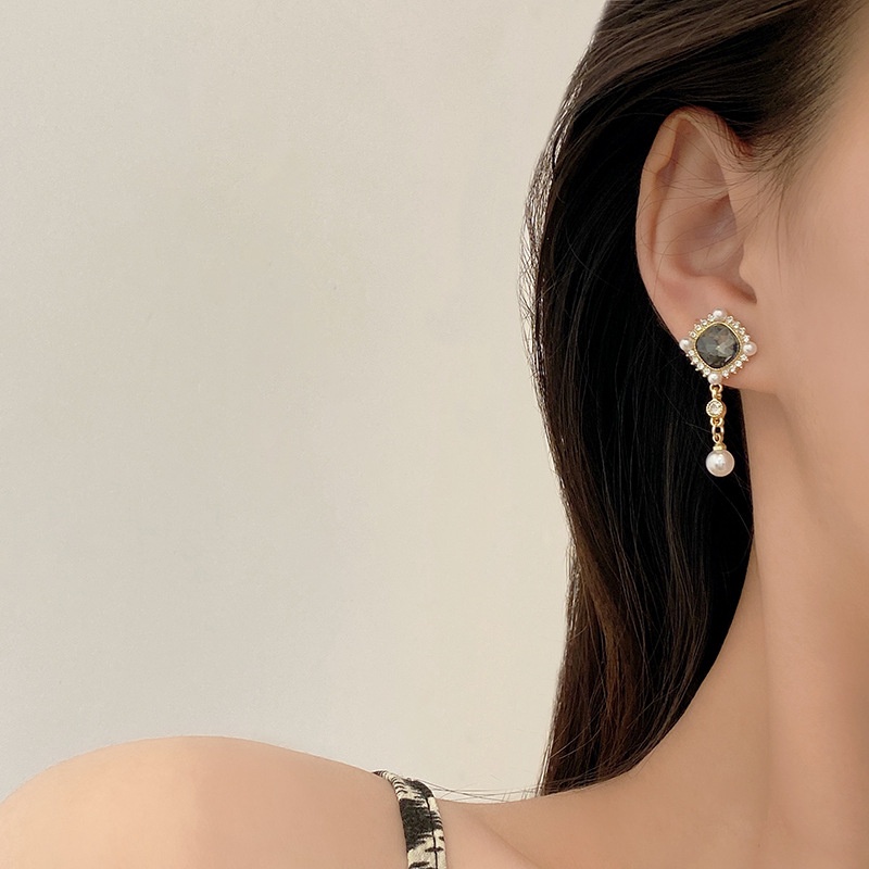 Anting S925 Silver Needle Bentuk Persegi Aksen Berlian Mutiara Gaya Perancis Untuk Wanita