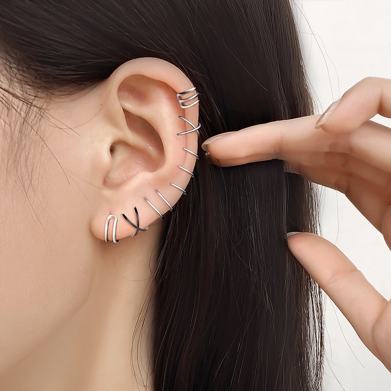 Papaozhu 1PC Bergaya Stainless Steel Clip-on Cuff Anting Untuk Wanita Pria Unisex Non Piercing Geometris Hidung Mulut Cincin Minimalis Salib Garis Ganda Tulang Rawan Klip Anting Perhiasan