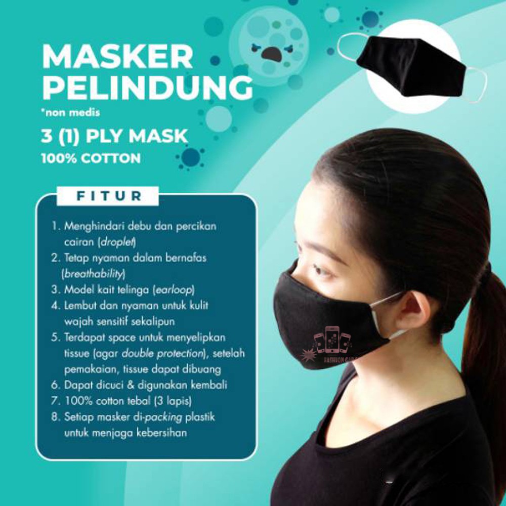 Masker Kain 3 Lapis Polos + Tempat Kantong Warna Hitam Tempat Tissue Masker Kain Earloop 3ply Polos