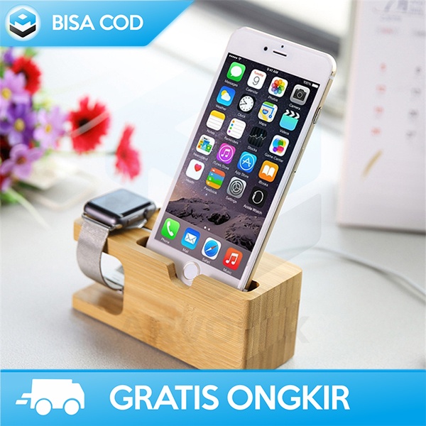 HOLDER HP DAN JAM WATCH DOCK STANDING SMARTPHONE KAYU DESAIN KLASIK