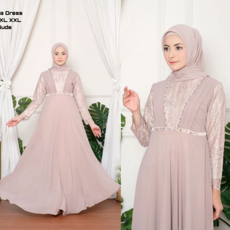 gaun full cruty di lapisi burkat di dada