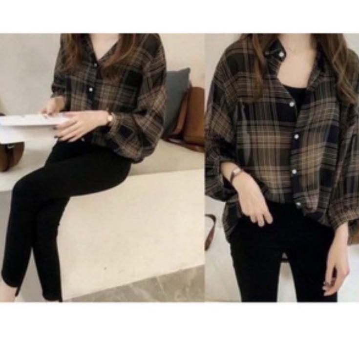 Terlaris.. BAJU ATASAN KEMEJA WANITA JUMBO OVERSIZE LD 100cm XL KOTAK KOTAK KATUN KOREAN STYLE FASHI