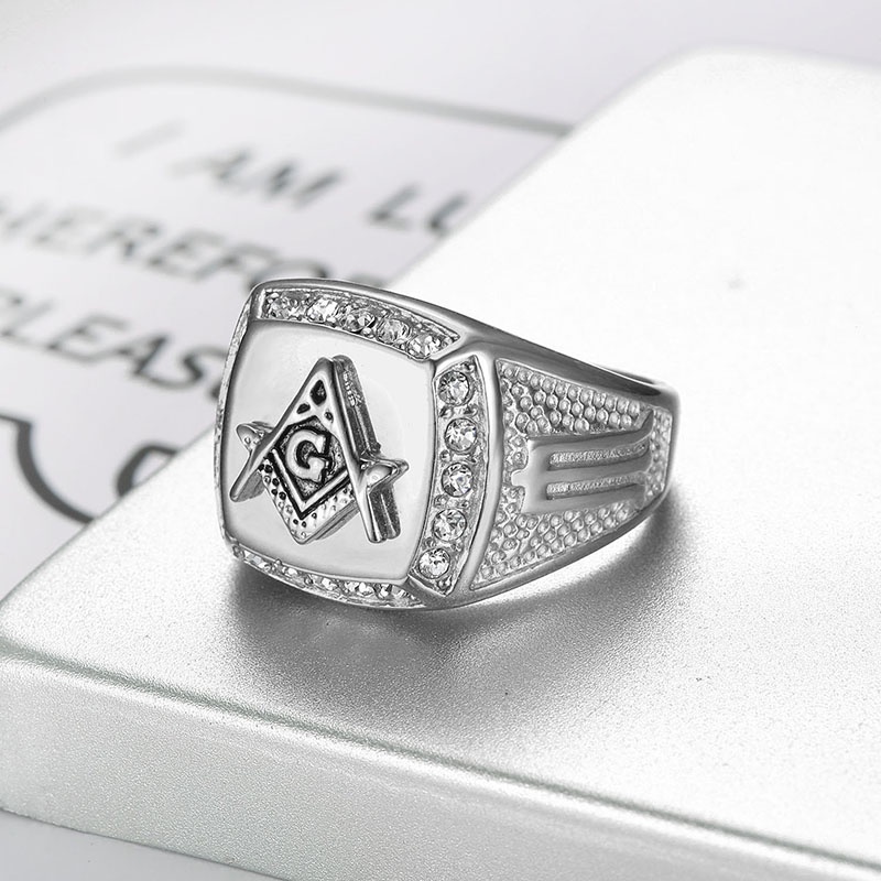 Cincin Berlian Masonic Klasik Mewah Bahan Stainless Steel Warna Emas Ukuran US 7-14