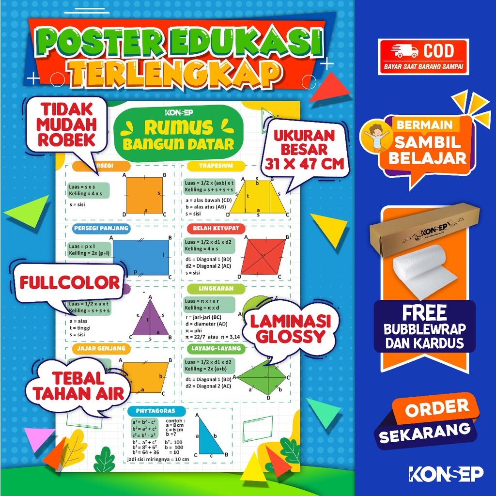 Konsep Poster Edukasi Pendidikan Anak Belajar Rumus Bangun Datar Paud Balita TK Toodler SD Laminasi Glossy Tahan Air