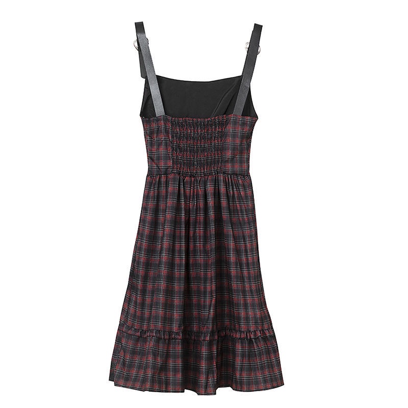 French retro design sense niche plaid suspender dress wanita 2022 musim panas manis dan keren hot gi