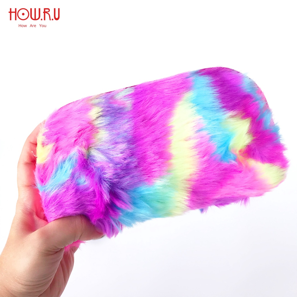 HOW.R.U | Pouch multifungsi Tempat Make Up / Alat Tulis / Dompet Bulu Lucu Rainbow