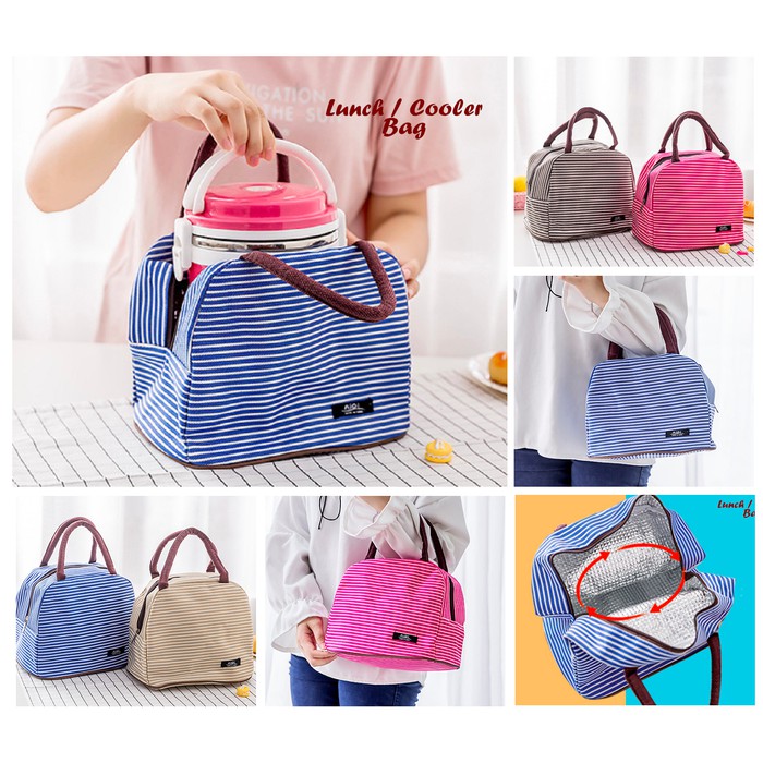 Mikusoo Tas Cooler Bag Motif Salur Tahan Dingin Dan Panas Lunch Bag