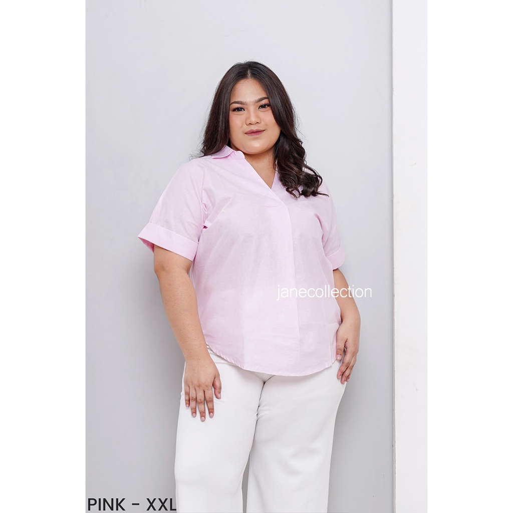 JANE COLLECTION || Kemeja Kerja Wanita Hitam Kemeja Basic Polos Putih Lengan Pendek Katun 100% Oversize XXL - Kemeja Katun Tracy