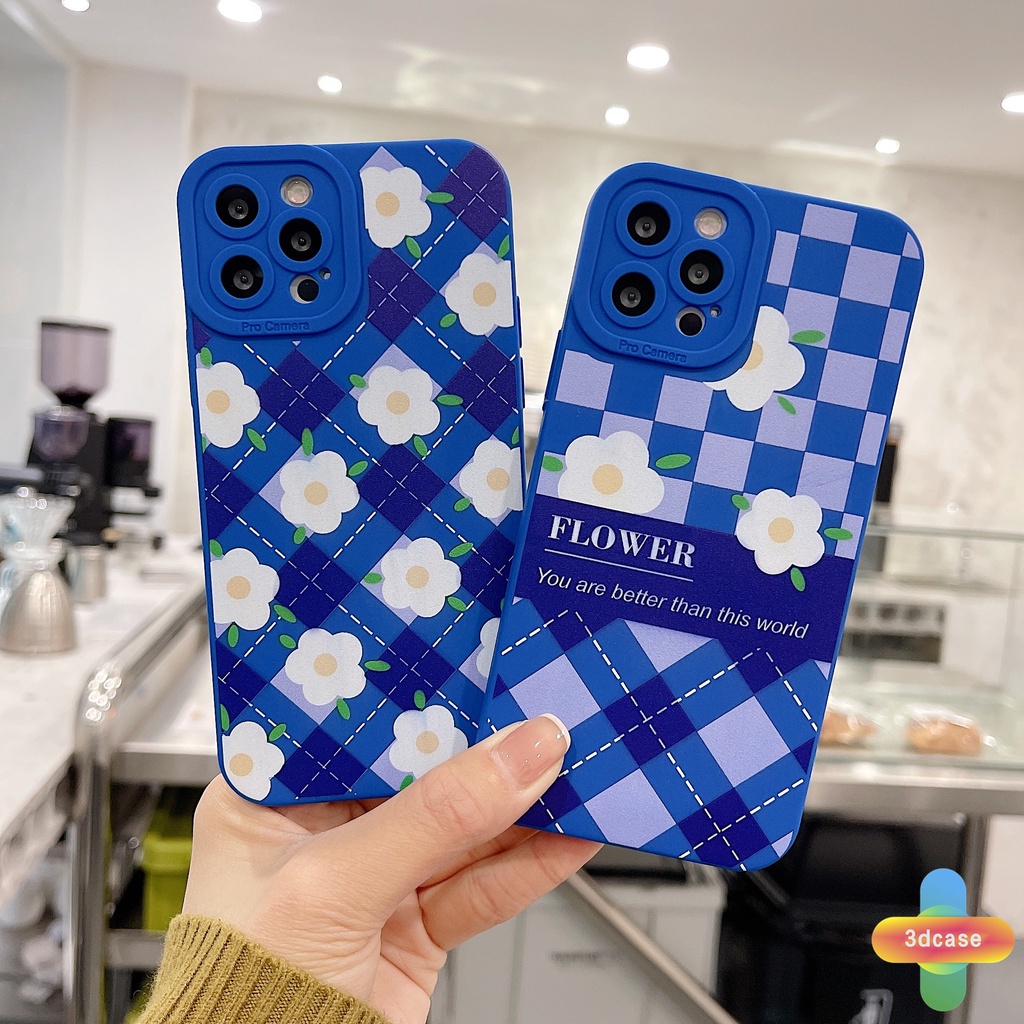 Soft TPU Case Compatible For IPhone 7 Plus 11 6 6S 8 Plus XR 11 12 13 PRO MAX X XS MAX Se 2020 6SPlus 7Plus 6Plus 8Plus XSMAX Klein Blue Plaid White Flower Anti-fall Case