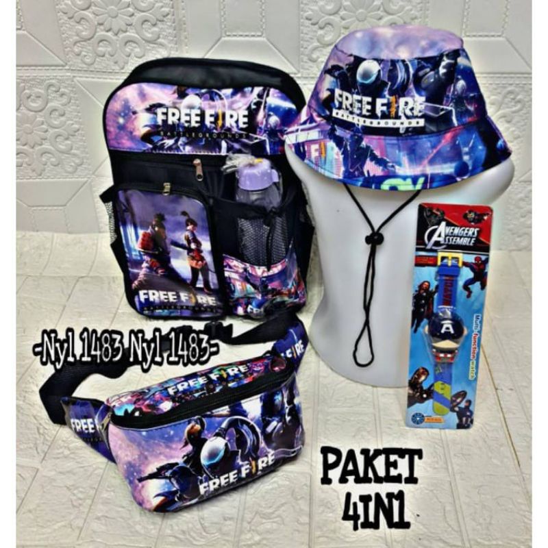 Tas ransel anak karakter free fire gratis tas selempang topi bucket jam botol minum - tas anak