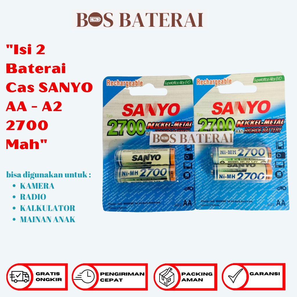 Isi 2 Baterai Cas SANYO AA - A2 / Baterai Charger SANYO AA 2700 Mah