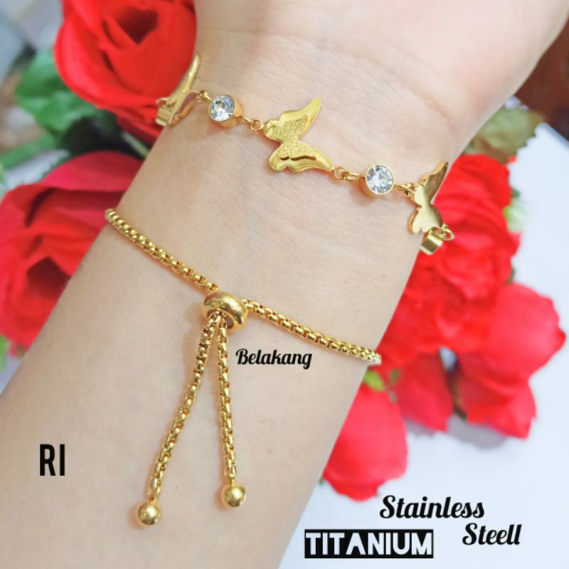 Fourfashion Gelang Titanium Tangan Serut Motif Kupu Permata Gold PD190