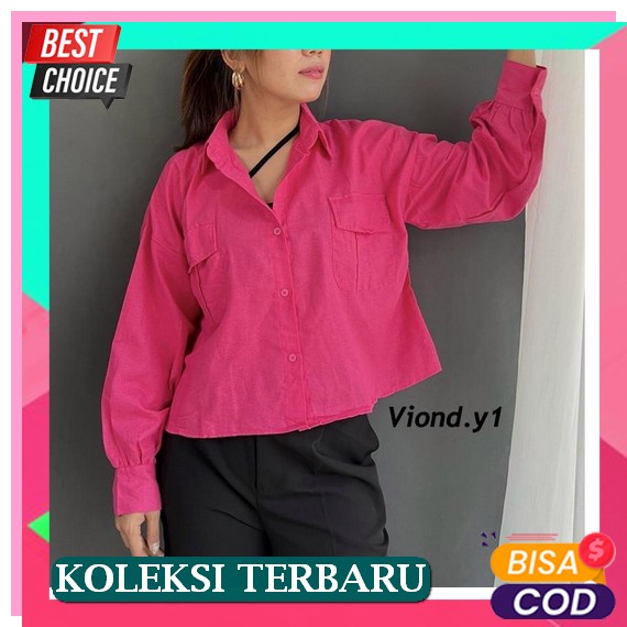 Exofuse - Kemeja Wanita Wanitaa Polos Atasan Wanita Lengan Panjang Import Casual Linen Wanita Kemeja