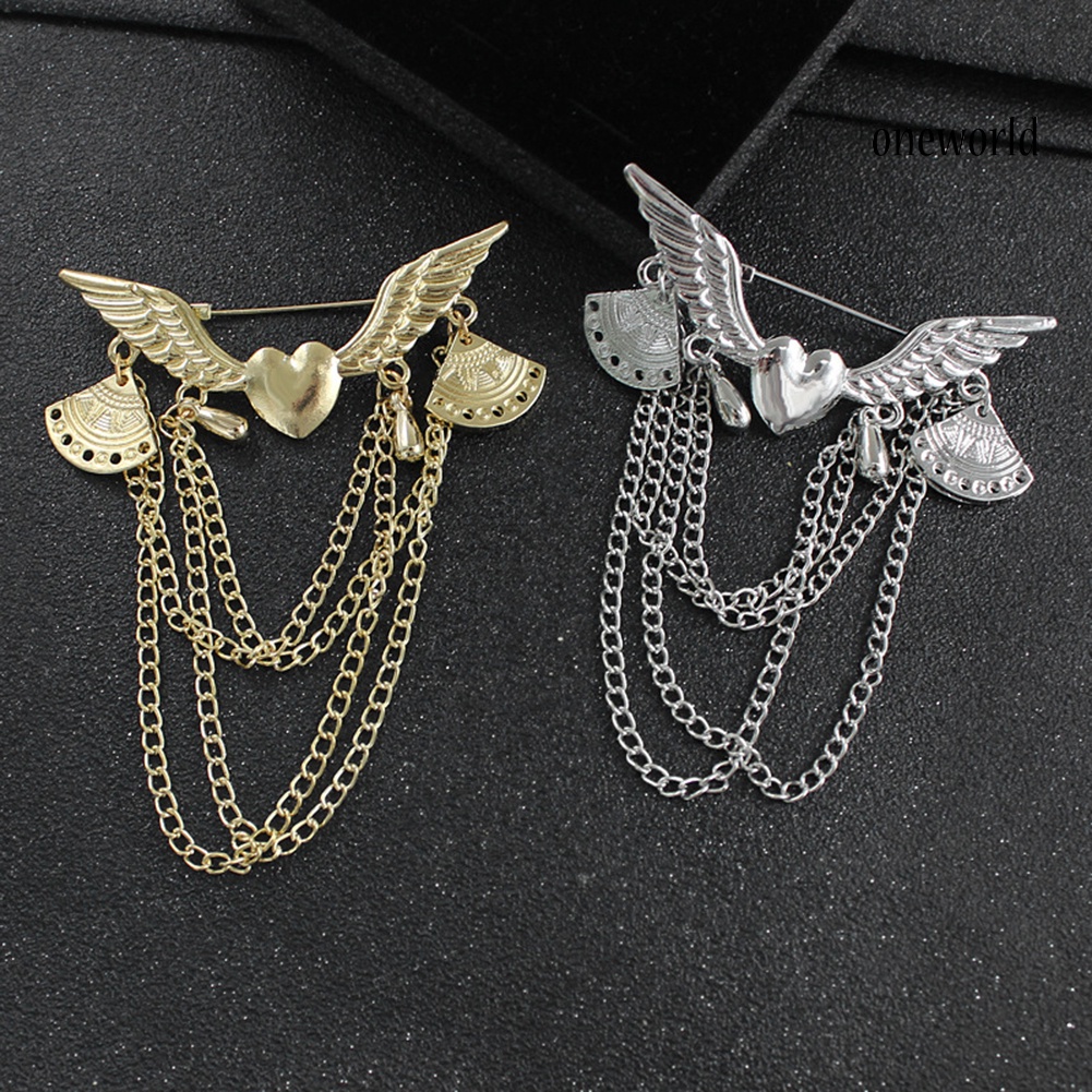 OW@ Retro Angel Wing Heart Shirt Suit Collar Tip Lapel Brooch Pin with Chain Tassel