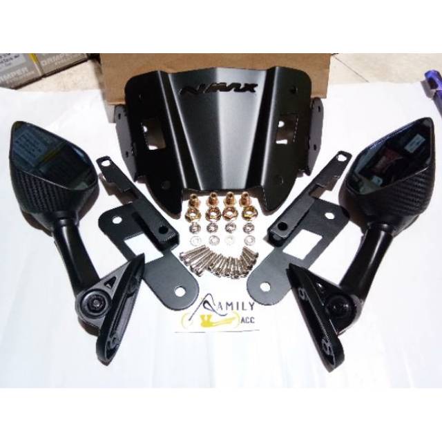 Spion R25 R15 Pendek Carbon + Breket Serpo Nmax Lama + Baut Anti Jebol Motor Nmax 2019 ke bawah