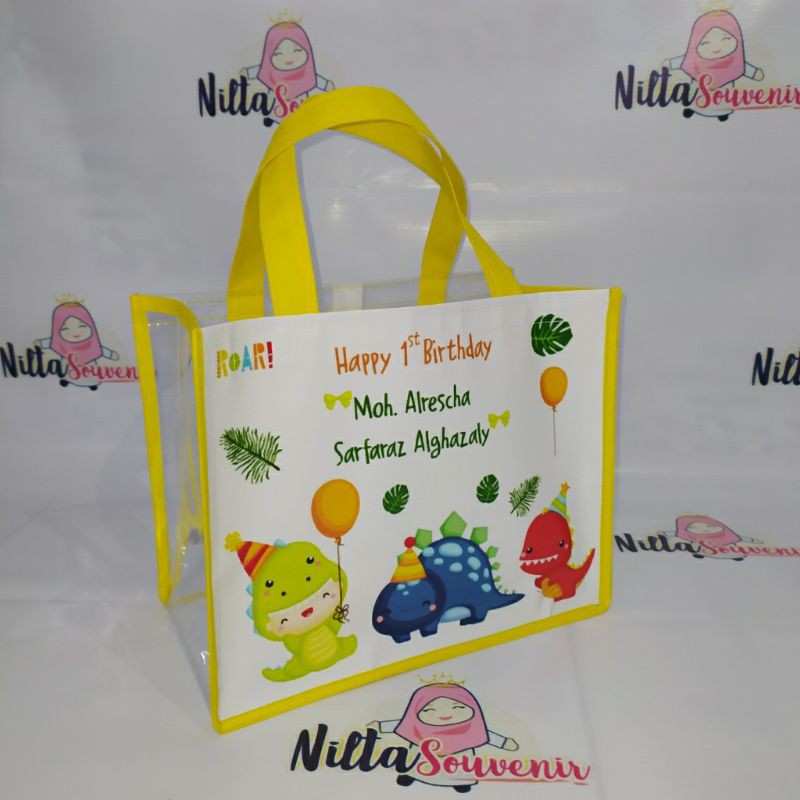 

tas mika/tas ultah/tas mika alrescha/souvenir ultah/tas souvenir gambar dinosaurus/tas motif dino