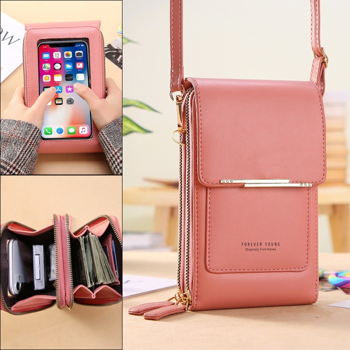 Tas Selempang Wanita Kulit Touch Screen Dompet Hp Layar Sentuh 9066 Abu abu P4J3 Jumbo Style Viral F