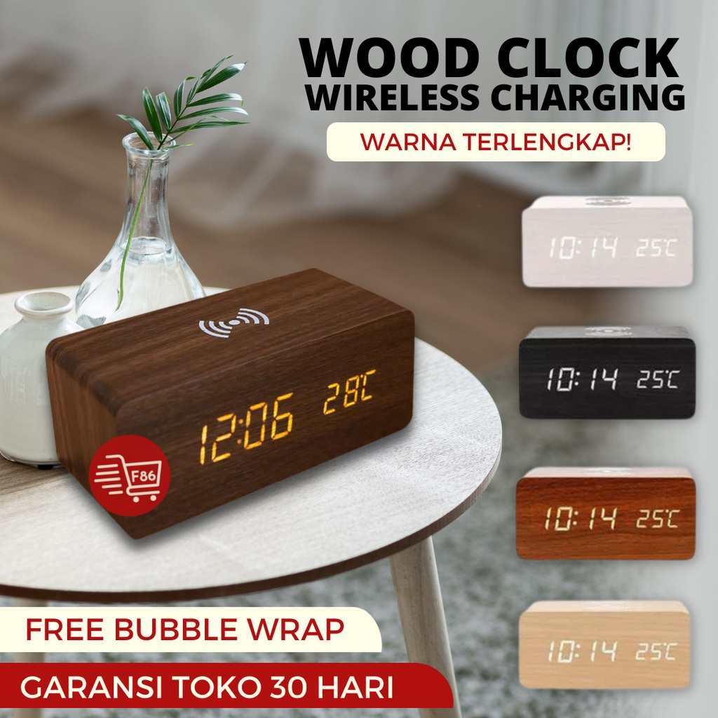 Jam Meja Kayu Digital Led /Jam Estetik + SUHU + Bluetooth Loudspeaker + Wireless Charging /Digital Wood Smart Alarm Clock/ ESTETIK JAM WEKER Speaker