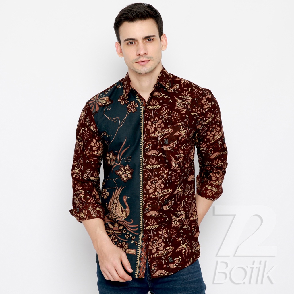 KEMEJA BATIK PRIA Slimfit Lengan Panjang Premium Two Tone Siang Sore Coklat Chokelat 721398 Cap 72 - Baju Kemeja Atasan Pakaian Setelan Batik Pria Cowok Laki Laki Remaja Keluarga Kantor Lengan Panjang Modern Slimfit Slim Fit Premium Kekinian