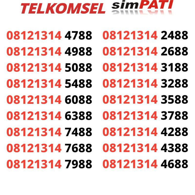 nomor cantik telkomsel simpati urut 08121314 xx 88